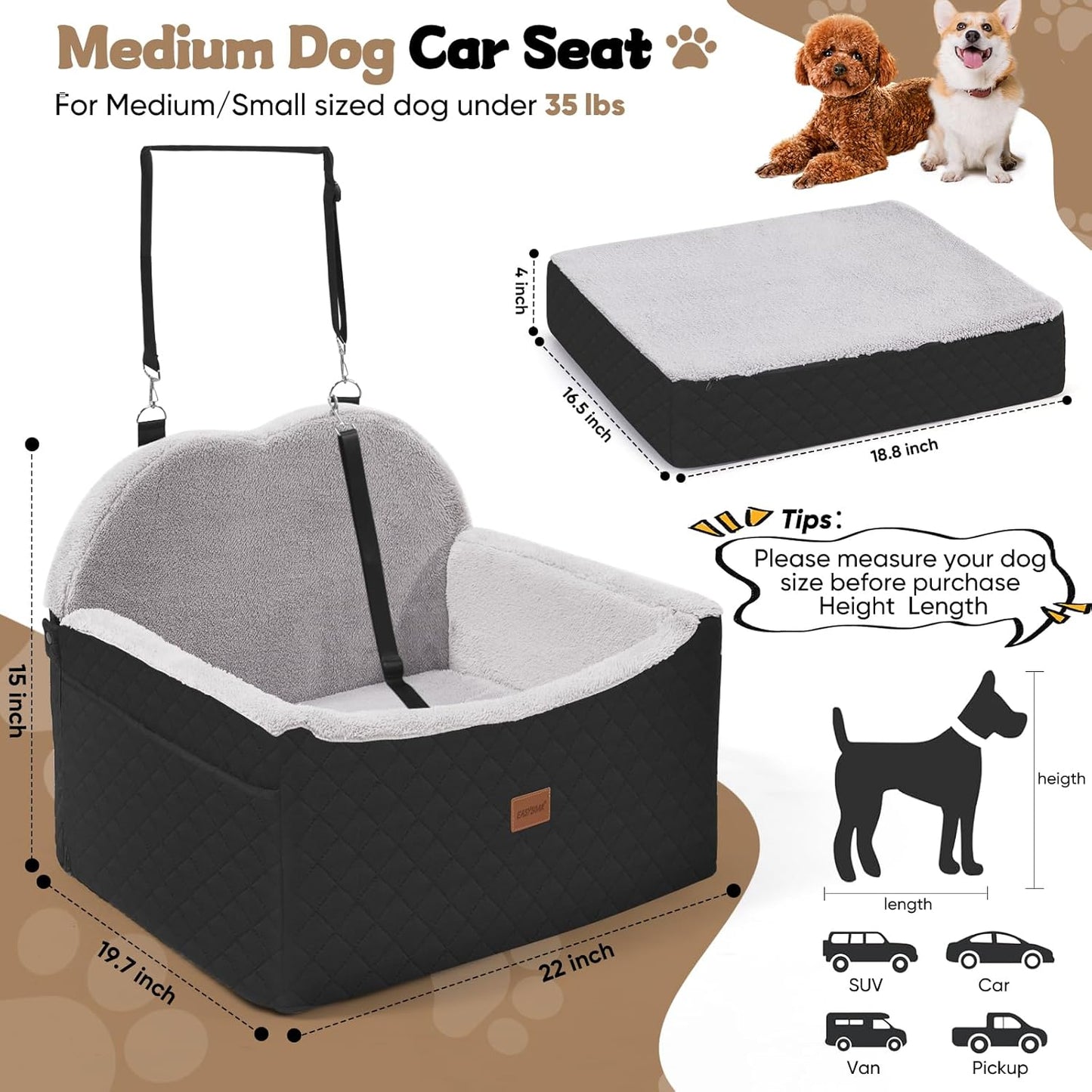 Dog Car Seats for Small Dogs, Detachable Dog Booster Car Seat with Storage Pockets Safety Belt, Pet Booster Cushion for Medium Dogs, Foldable Pet Sofa Cushion & Travel Bed