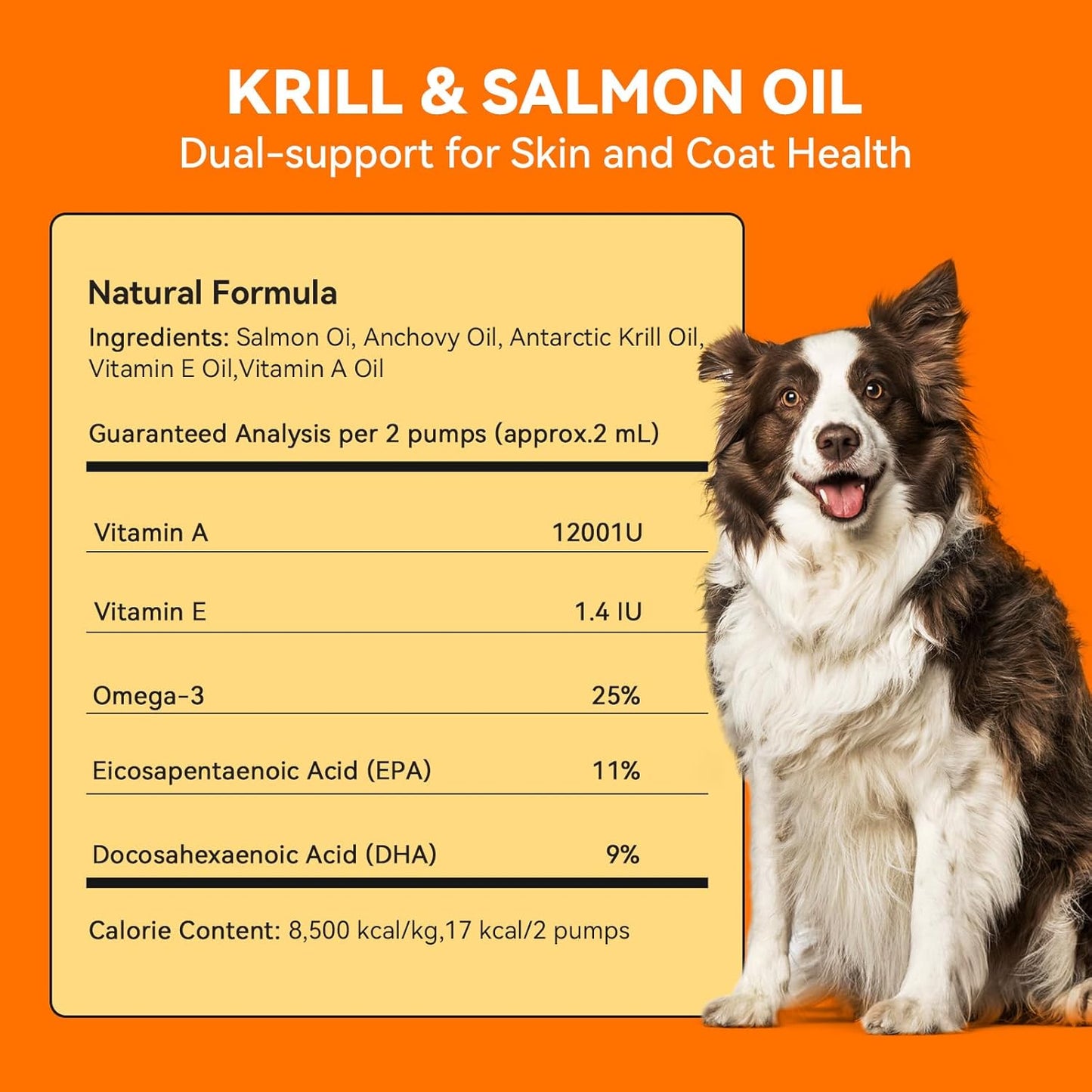 Krill and Salmon Oil for Dogs & Cats for Healthy Skin and Coat, 25% Max Omega 3 for Dog Fish Oil Supplement with EPA & DHA, Vitamin A, E for Dry Skin, Itchy & Allergy Skin Relief -8 oz, Liquid