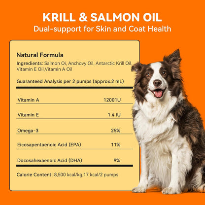 Krill and Salmon Oil for Dogs & Cats for Healthy Skin and Coat, 25% Max Omega 3 for Dog Fish Oil Supplement with EPA & DHA, Vitamin A, E for Dry Skin, Itchy & Allergy Skin Relief -8 oz, Liquid