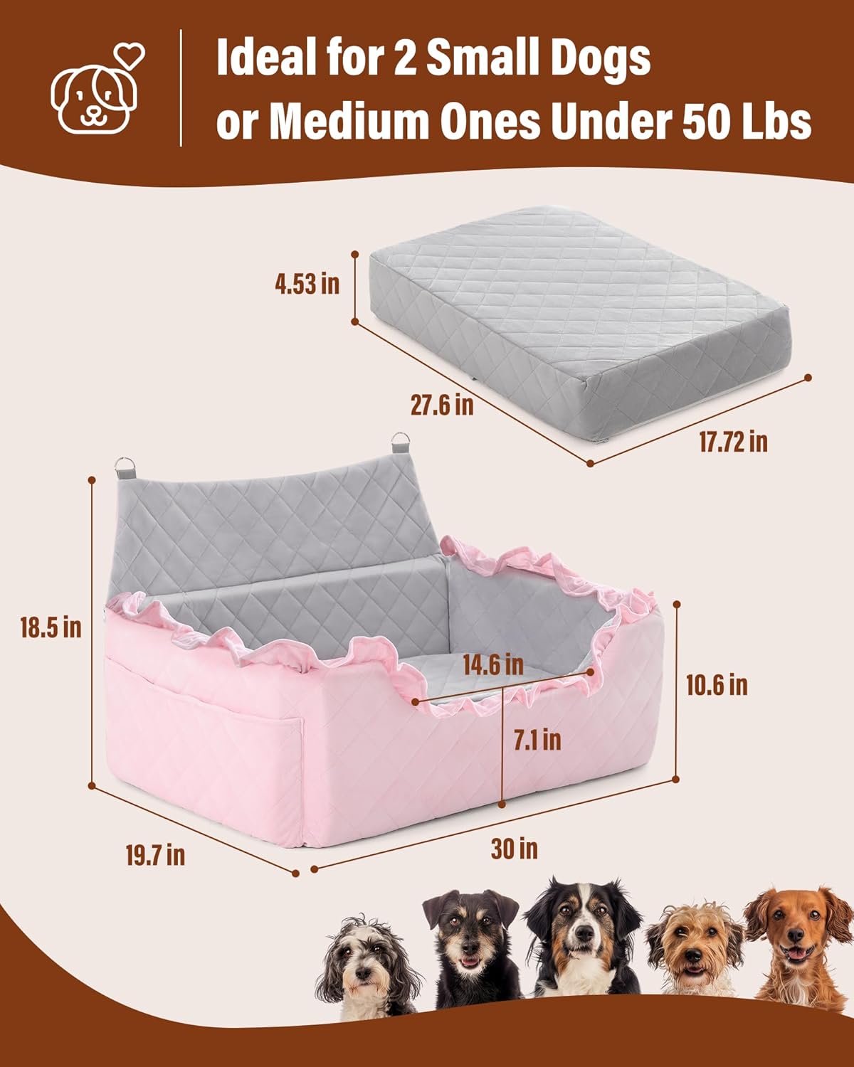 Dog Car Seat for Large Medium Dogs Under 55 lbs, Dog Booster Seat for 2 Small Dogs, Detachable Washable Pet Travel Bed with Thick Memory Foam Cushion, Safety Belt and Storage Pockets | Pink