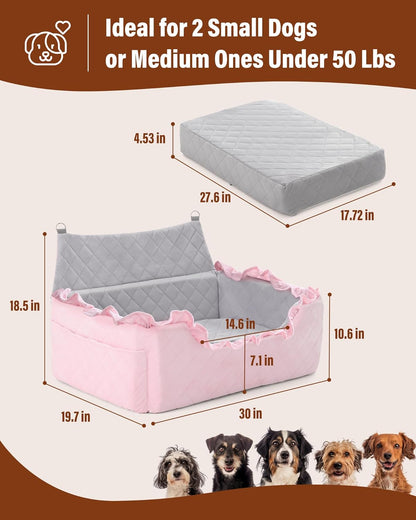 Dog Car Seat for Large Medium Dogs Under 55 lbs, Dog Booster Seat for 2 Small Dogs, Detachable Washable Pet Travel Bed with Thick Memory Foam Cushion, Safety Belt and Storage Pockets | Pink
