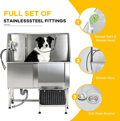 50" Dog Bathtub Professional 304 Stainless Steel – Right Door/Ramp, Faucet & Floor Grate, Pet Grooming Washing Station for Large/Medium/Small Pets