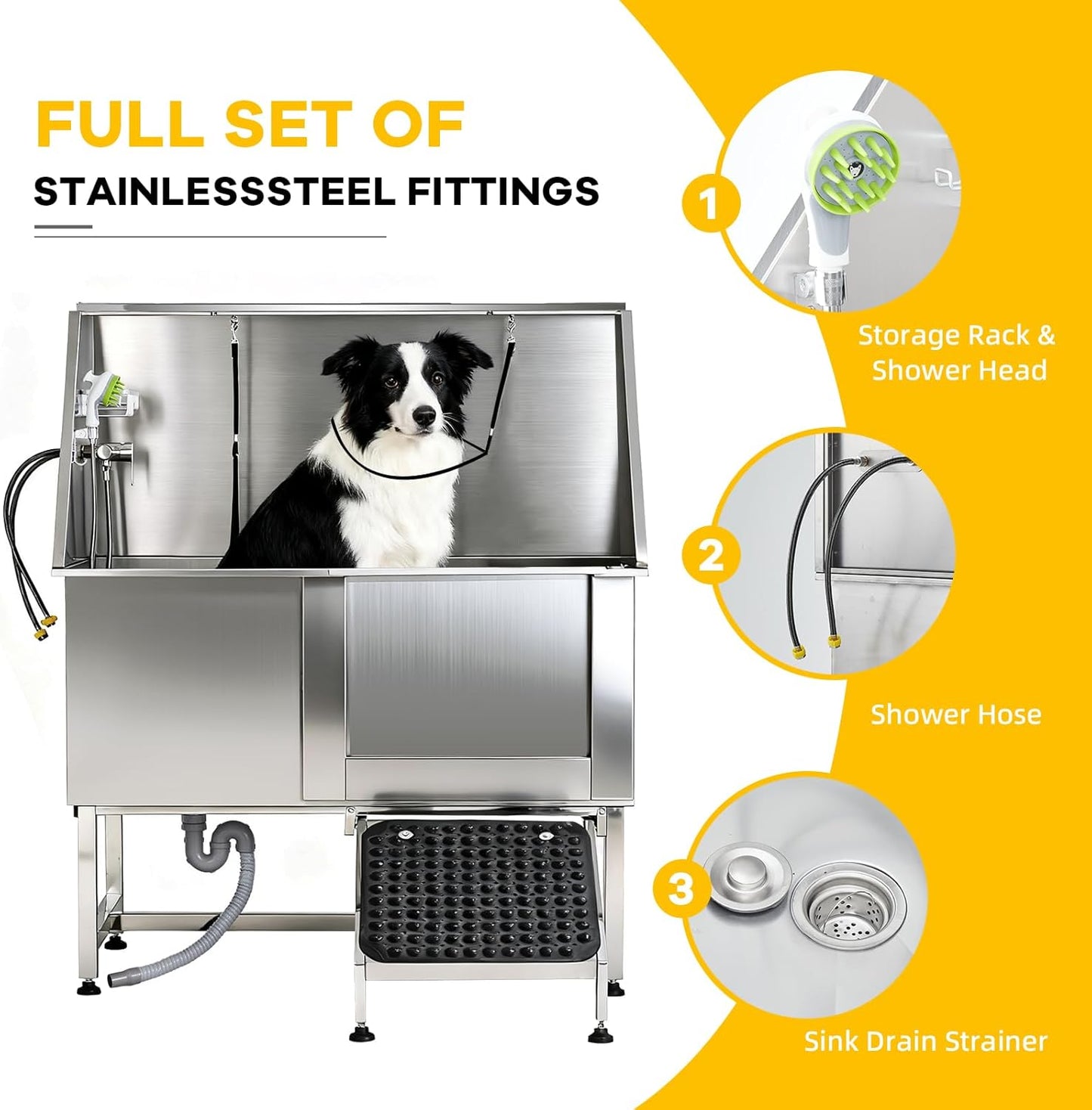 50" Dog Bathtub Professional 304 Stainless Steel – Right Door/Ramp, Faucet & Floor Grate, Pet Grooming Washing Station for Large/Medium/Small Pets