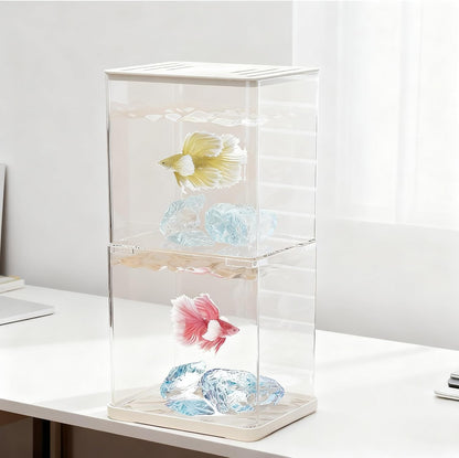 Small Betta Fish Tank, 2-Pack 0.3 Gallon Mini Aquarium with Adjustable Base Light & Gravels & Resin Crystal, Acrylic Fish Bowl for Desk Homes or Offices, Ideal for Beta Fish,Goldfish (White -2 Pack)