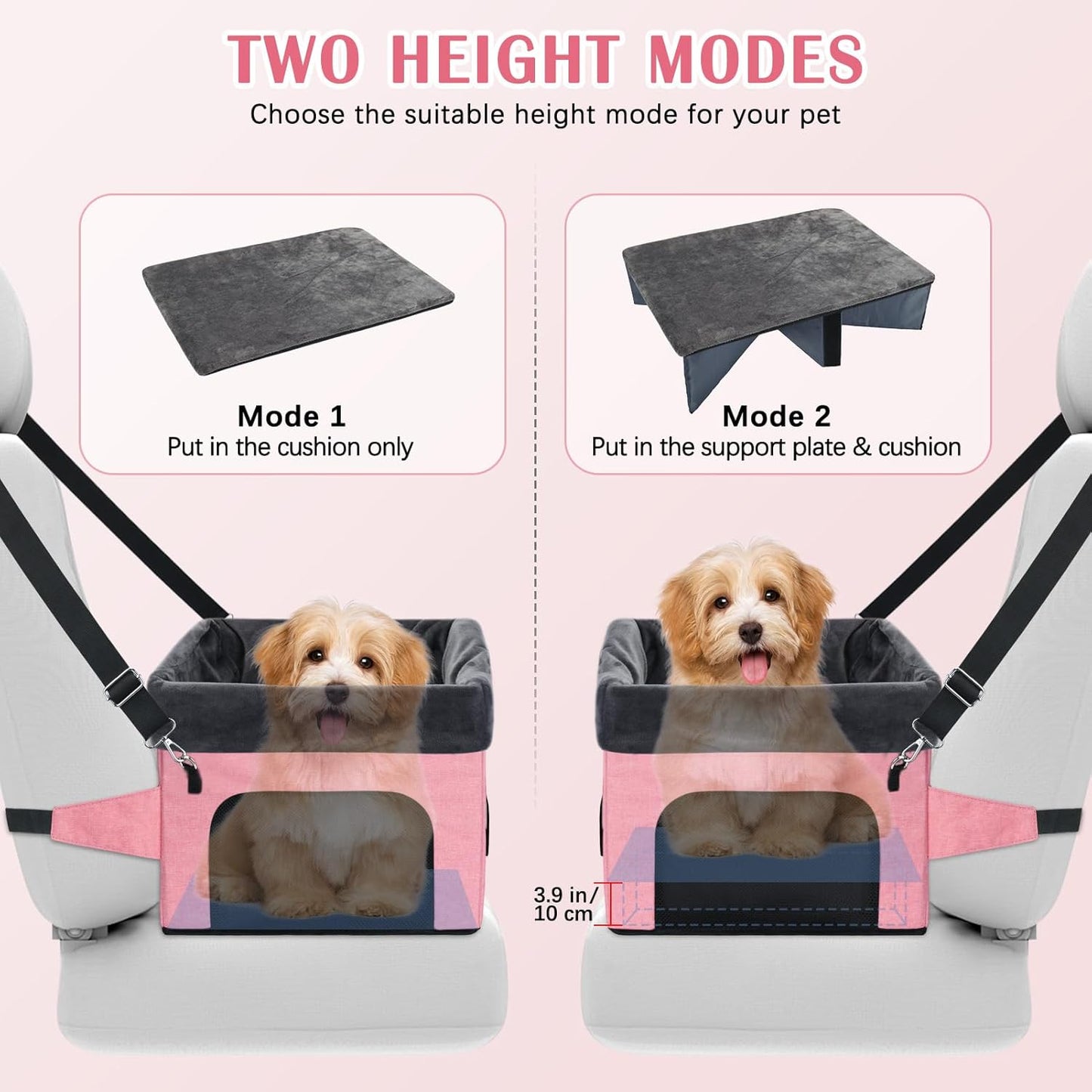 PetsHome Dog Car Seat for Small Dogs, Detachable Washable Dog Booster Car Seat with Storage Pocket, Breathable Mesh, Safety Leash, Adjustable Straps for Small Pets Up to 25lbs-Pink