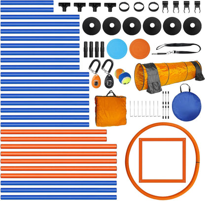 Premium Dog Agility Training Set Outdoor Indoor Game, Tire Jump + Hurdle Jump, Tunnel, Weave Poles, Pause, 2 Toy Balls, 2 Discs, 1 Whistle, 1 Bag, 2 Training Clicker Backyard Dog Obstacle Course Kit