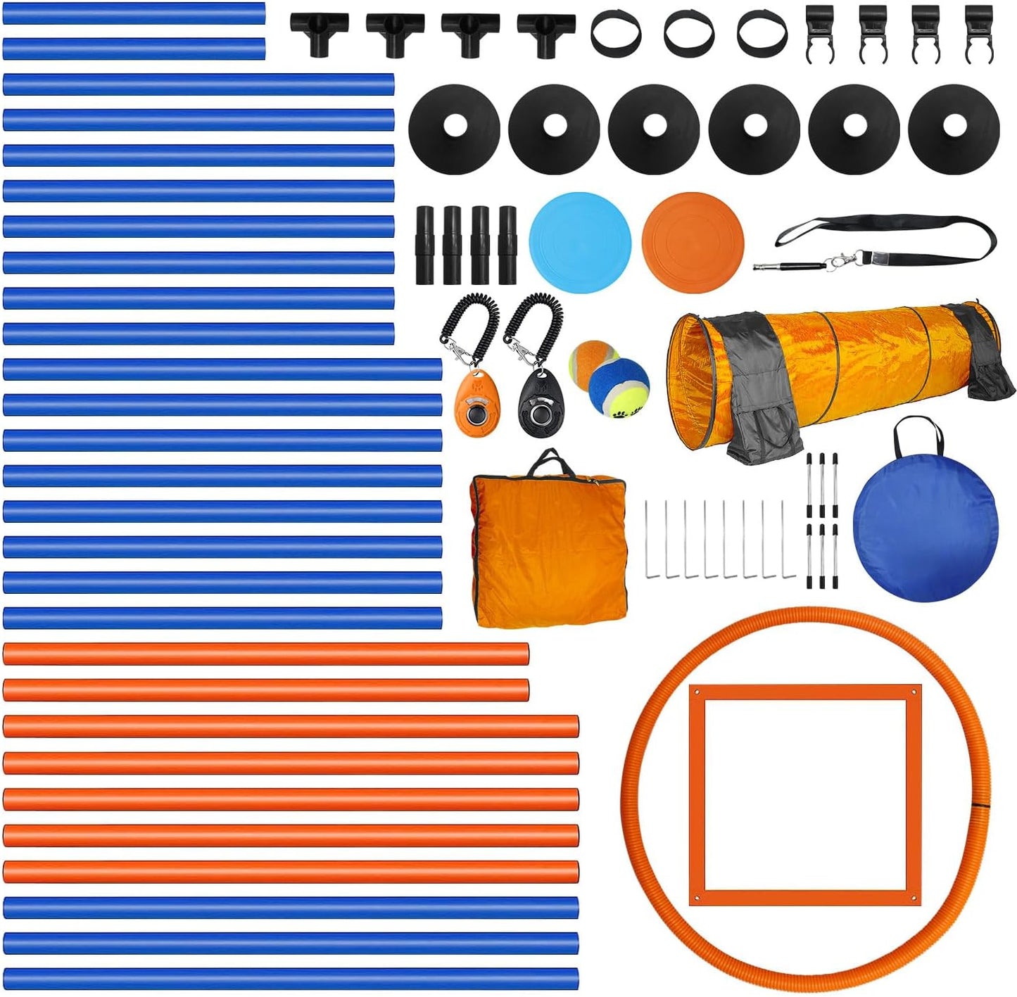 Premium Dog Agility Training Set Outdoor Indoor Game, Tire Jump + Hurdle Jump, Tunnel, Weave Poles, Pause, 2 Toy Balls, 2 Discs, 1 Whistle, 1 Bag, 2 Training Clicker Backyard Dog Obstacle Course Kit