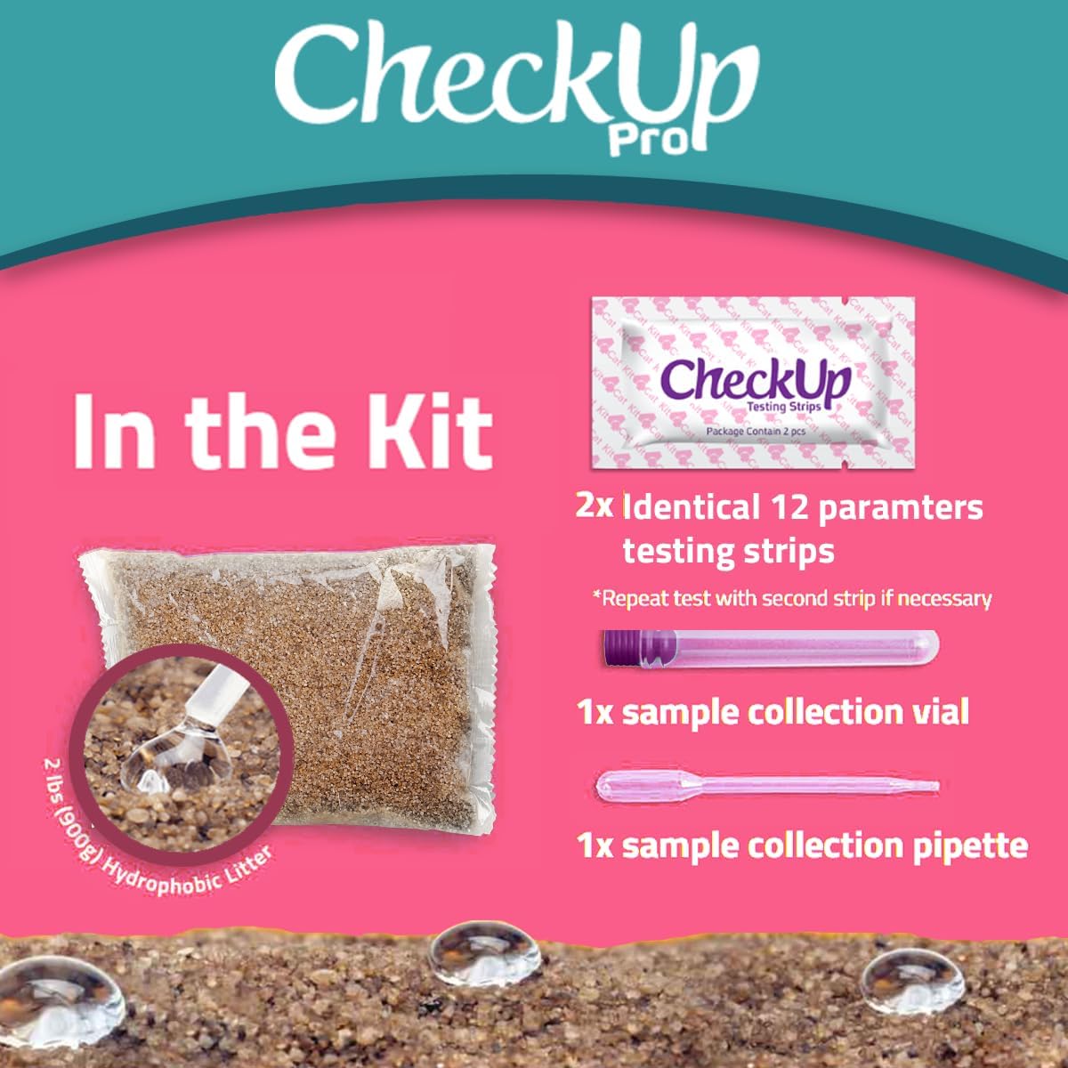 KIT4CAT CheckUp Pro at Home Cat Wellness Test for | Hydrophobic Litter to Collect Urine & 2, 10 Indicators Strips | pH, Protein, Urobilinogen, Glucose, Bilirubin, Ketone, S-Gravity, Blood in Urine