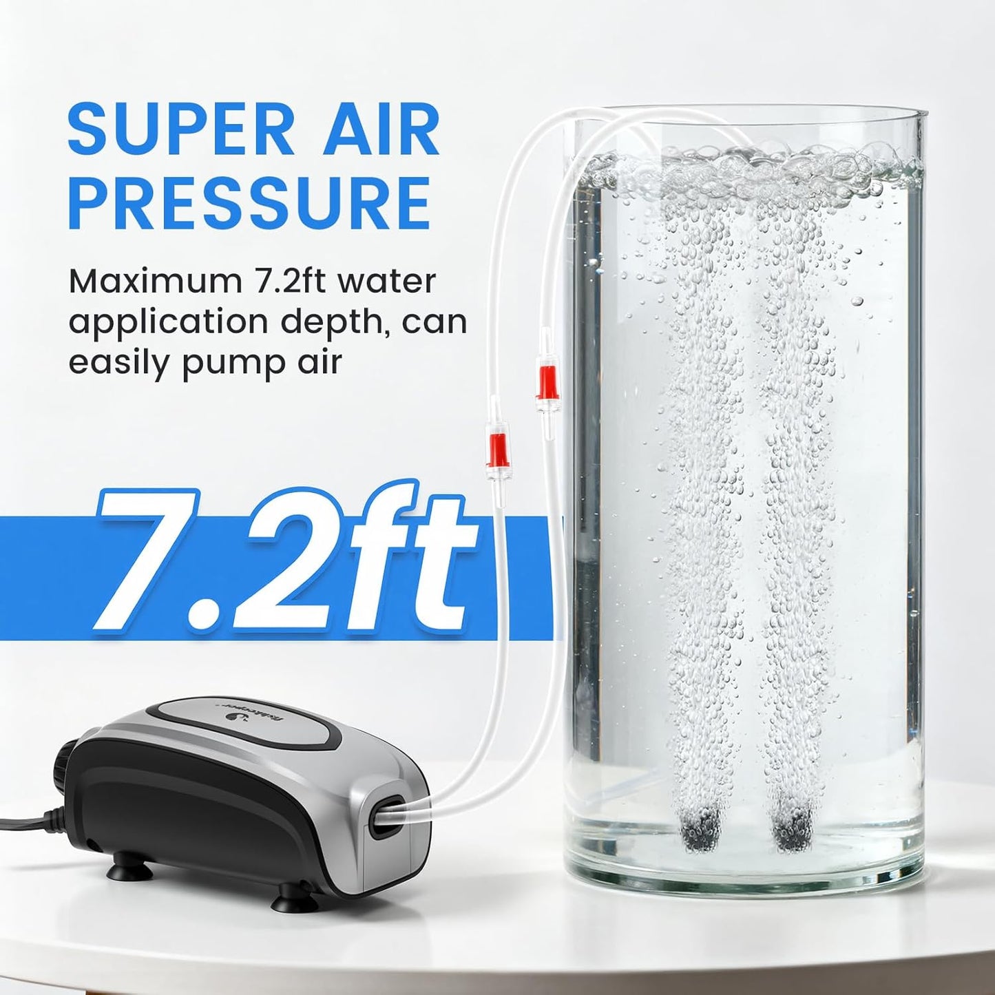 fishkeeper Quiet 3W/5W Aquarium Air Pump - Small & Powerful Dual Outlet Fish Tank Air Pump, Adjustable Oxygen Aerator Pump with Air Stone Bubbler Kits for 1-160Gal Fish Tanks (Silver-Gray, 2025 New)