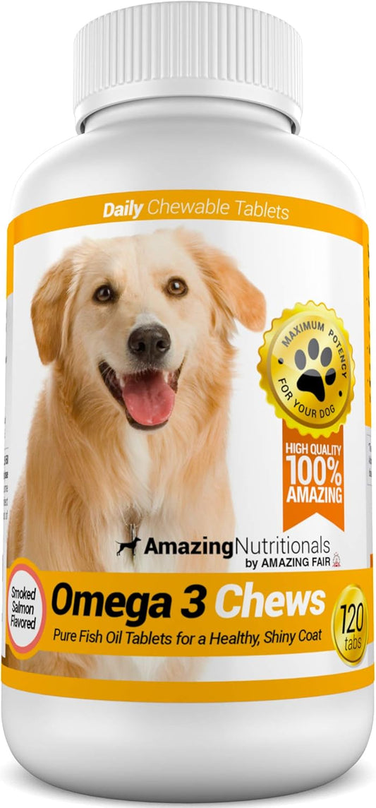 Amazing Omega 3 for Dogs - Omega 3 Fish Oil for Dogs Supplement for Itchy Skin Relief for Dry Skin and Hot Spots and Shedding Coat with EPA and DHA Fatty Acids - 120 Salmon Flavor Chews