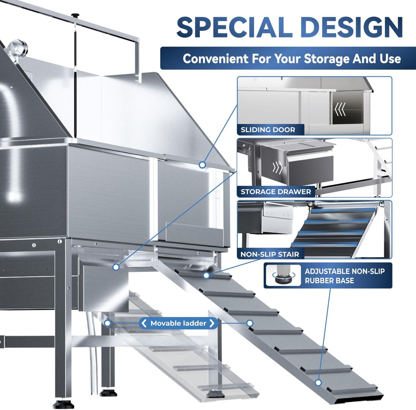46" Dog Washing Station, Professional Stainless Steel Dog Bathtub w/Ramp & Storage Drawer, Adjustable Grate, Non-Slip Design, Home Grooming & Large Dogs (Right Ramp)