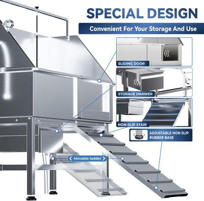 46" Dog Washing Station, Professional Stainless Steel Dog Bathtub w/Ramp & Storage Drawer, Adjustable Grate, Non-Slip Design, Home Grooming & Large Dogs (Right Ramp)