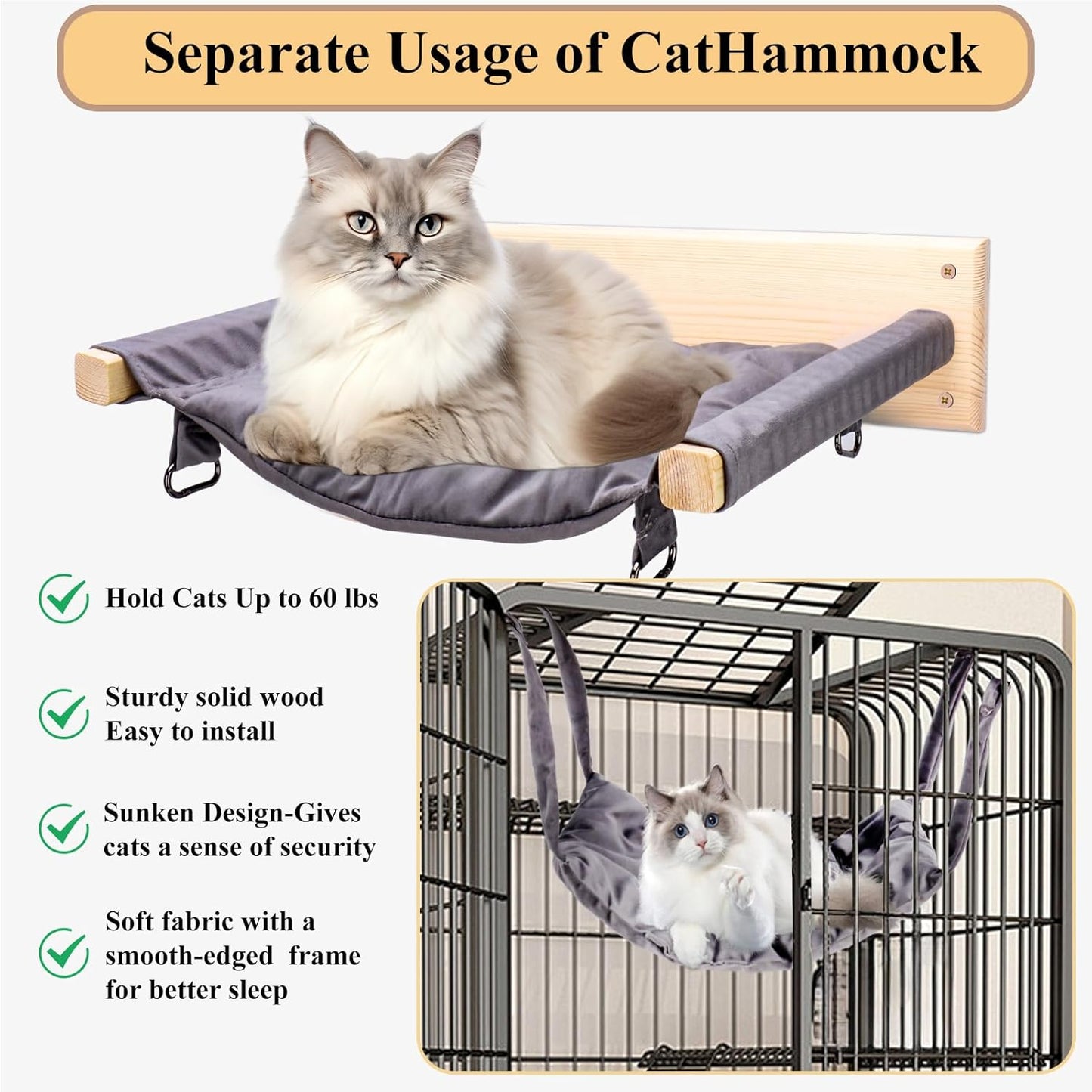 JSPYFITS Wooden Cat Wall Hammock, 18.9 x 12.6 Inch Double Layer Cat Furniture Hammock, Large Removable Multi-Function Cats Bed for Sleep/Play/Climb/Lounge Easy DIY Installation(Grey)