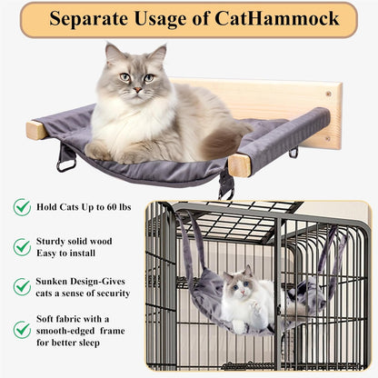 JSPYFITS Wooden Cat Wall Hammock, 18.9 x 12.6 Inch Double Layer Cat Furniture Hammock, Large Removable Multi-Function Cats Bed for Sleep/Play/Climb/Lounge Easy DIY Installation(Grey)