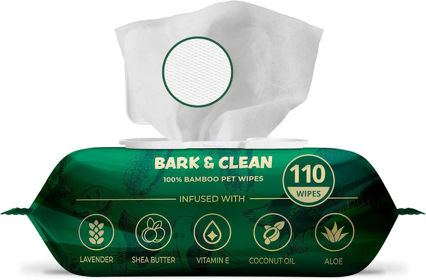 Bark & Clean Bamboo Dog Wipes for Cleaning & Deodorizing - 8.5" x 9" 110 Compostable Hypoallergenic Pet Wipes for Dogs - Paws, Butt & Body - Puppy Face, Ear & Eye Cloths - Pet Supplies