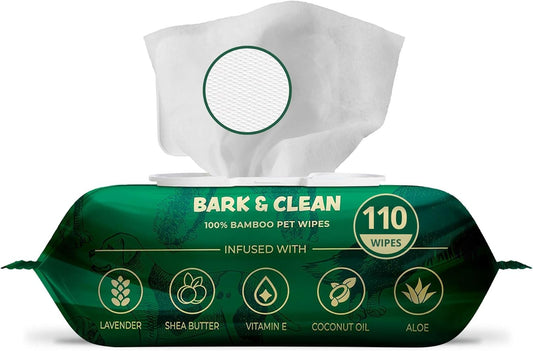 Bark & Clean Bamboo Dog Wipes for Cleaning & Deodorizing - 8.5" x 9" 110 Compostable Hypoallergenic Pet Wipes for Dogs - Paws, Butt & Body - Puppy Face, Ear & Eye Cloths - Pet Supplies