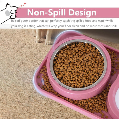 Dog Bowls, Non-Slip Puppy Cat Food and Water Bowl Set with Water Dispenser and Stainless Steel Bowl Detachable Gravity Pet Feeder and Waterer Set for Dogs (Green, 1000ML)