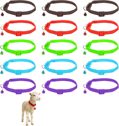 Acrux7 15 Pack Goat Collars with Bells, Adjustable Nylon Goats Collars and Metal Bells, Anti-Lost Grazing Bell for Small Farm Animal Sheep Goat Cow Accessories, 5 Colors