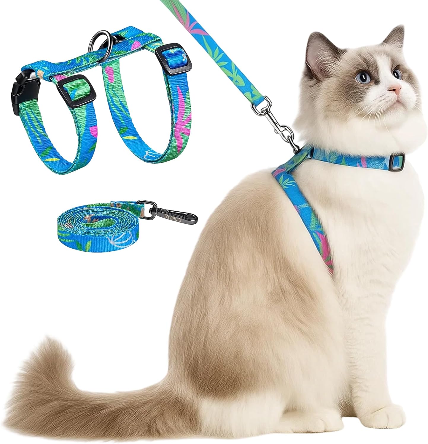 1 Set Cat Harness and Leash, Adjustable Escape Proof Cat Harness, Comfortable Soft Lightweight Design for Daily Walks and Travel, Neck 20-31CM Chest 26-43CM, (Hawaii Green)