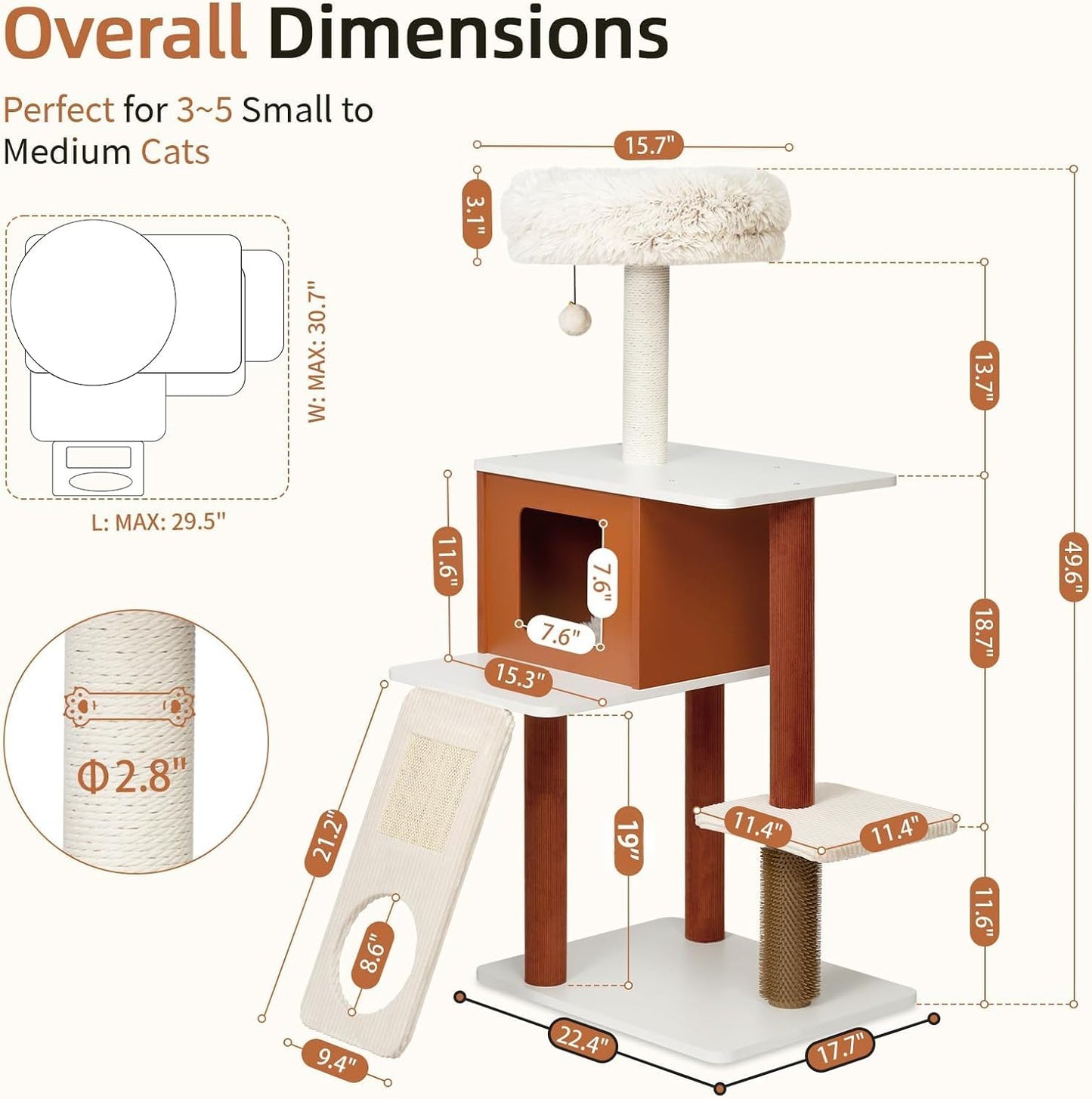 Premium 50in Modern Cat Tree with Solid Wood Frame - Multi-Level Activity Center for 3-5 Small to Medium Cats, Featuring Paper Rope Scratching Posts, Plush Top Perch, Enclosed Condo & Hanging Toy