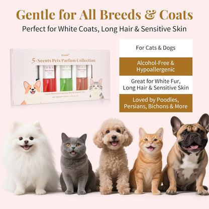 Dog Cologne & Pet Perfume Gift Set – 5 Long Lasting Scents for Dogs & Cats – Natural, Alcohol-Free Pet Fragrance – Safe Deodorizing Grooming Mist for Puppies & Kittens