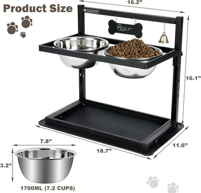 Elevated Dog Bowls with Slow Feeder for Large Dogs – Adjustable Raised Stand with 2 Stainless Steel Bowls & Spill-Proof Mat, Non-Slip Dog Feeder for Large & Medium Dogs (Black)
