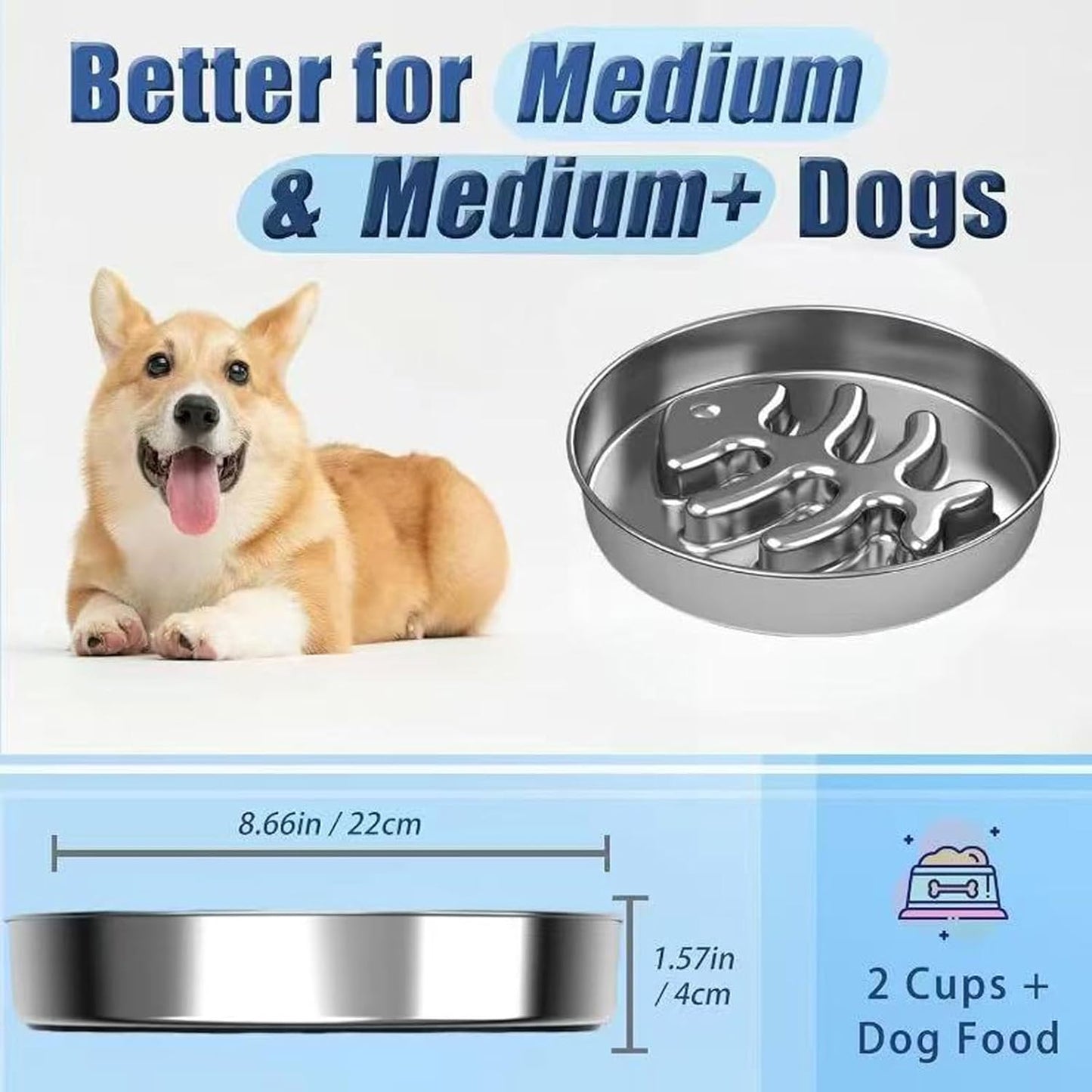 Slow Feeder Dog Bowl, Stainless Steel, 2 Cups Capacity, Non-Slip Base, Small & Medium Dogs