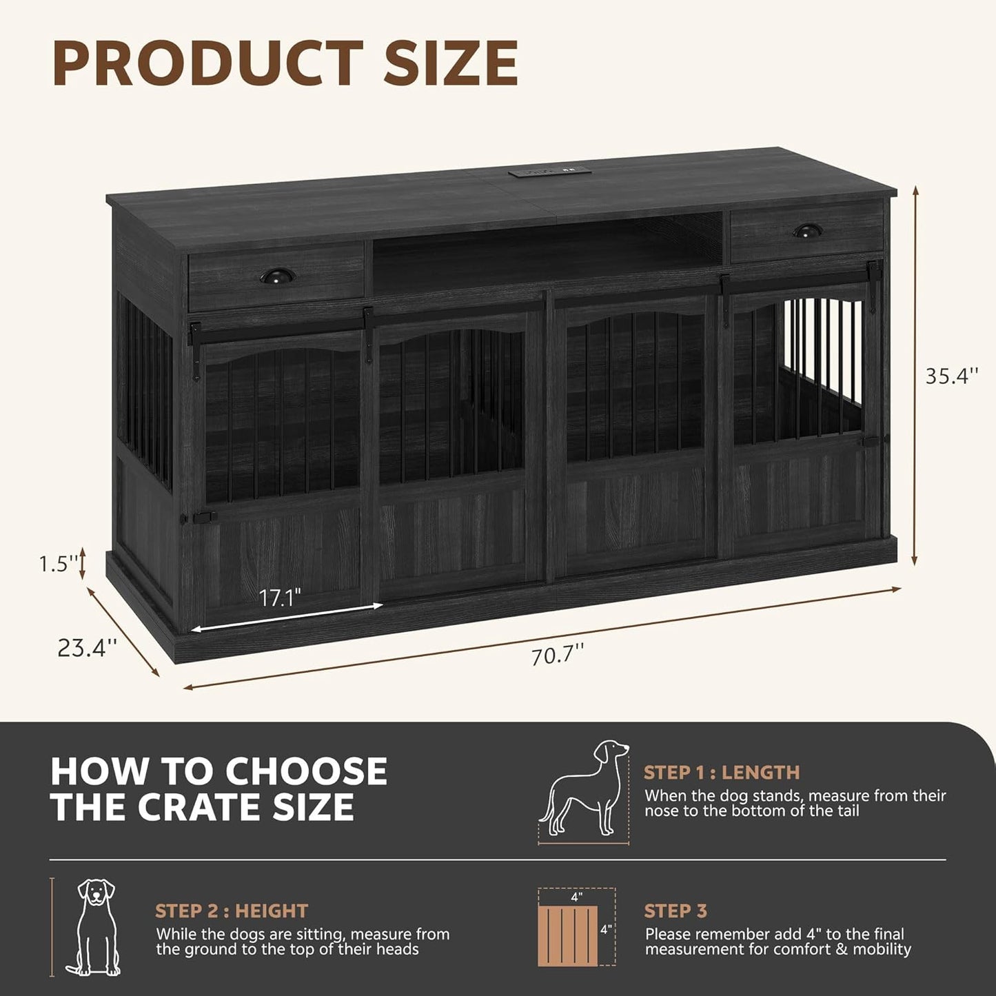70.86" Double Dog Crate Furniture with Storage for 2 Medium Large Dogs Farmhouse Wooden Dog Kennel Furniture with 2 Sliding Doors Divider & Power Outlet Decorative Dog Cage TV Stand Dark Grey
