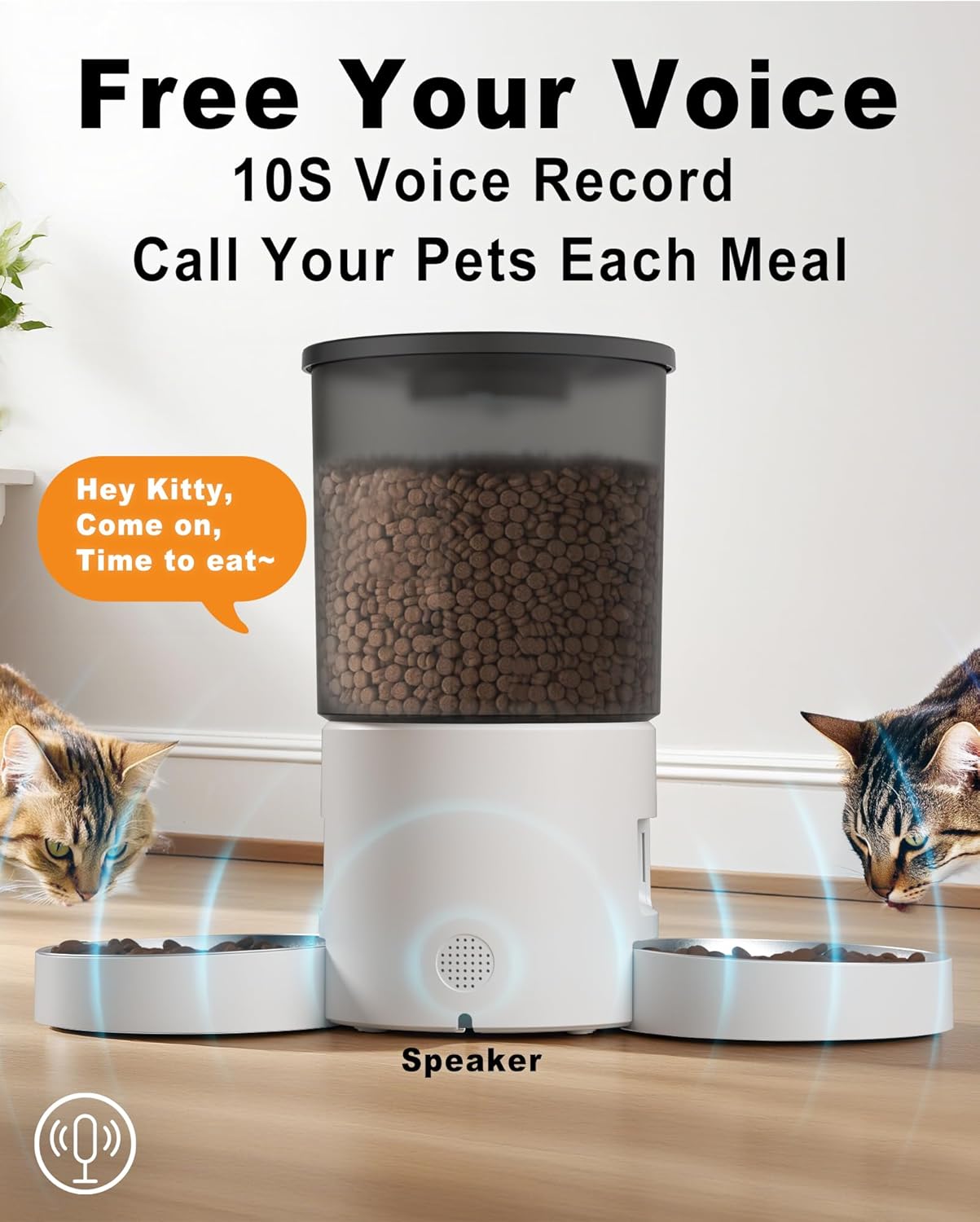 Automatic Cat Feeder for 2 Cats,4.2L Programmable 1-6 Meals Control Cat Food Dispenser,Dual Power Supply,10S Voice Record (Transparent White, Stainless Steel 2 Bowls)