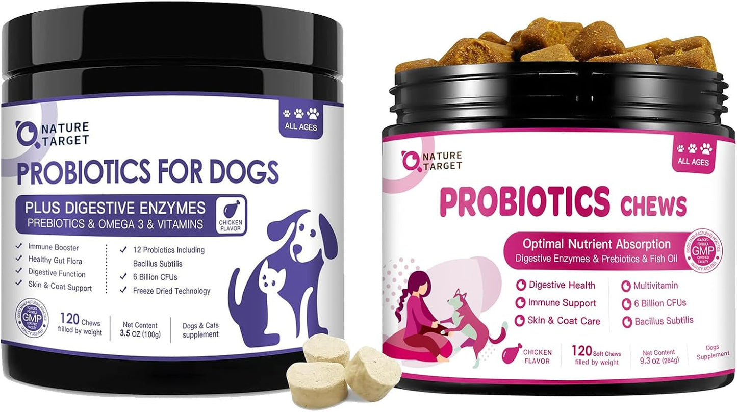 NATURE TARGET Probiotics for Dogs, 120 Freeze Dried Bites Bundle with 120 Soft Chews