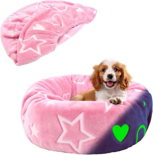 Round Replacement Dog Bed Cover - Elastic Edged Washable Protector with Glow in The Dark Heart Pattern for Small & Medium Beds, Cover Only, 20"x9.8"