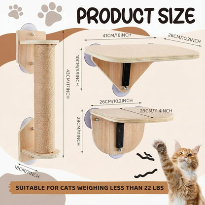 Novabright 3-in-1 20-inch Cat Window Perch Hammock with Climbing Step and Scratching Post, Raw Wooden Window Mounted Cat Bed, Supports 22lbs (Drilling-Free)
