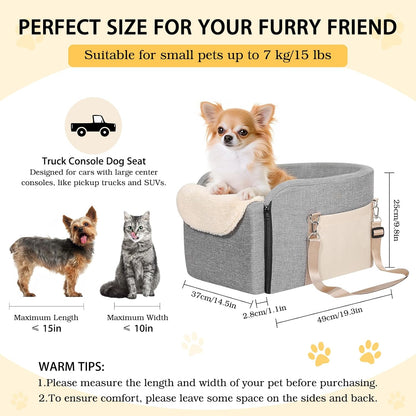 Dog Car Seat for Big Console, Non-Slip Center Console Dog Car Seat for Pickup and Trucks, Large Space Pet Bed for Puppies, Small Dogs, Cats Under 15 LBS, Grey