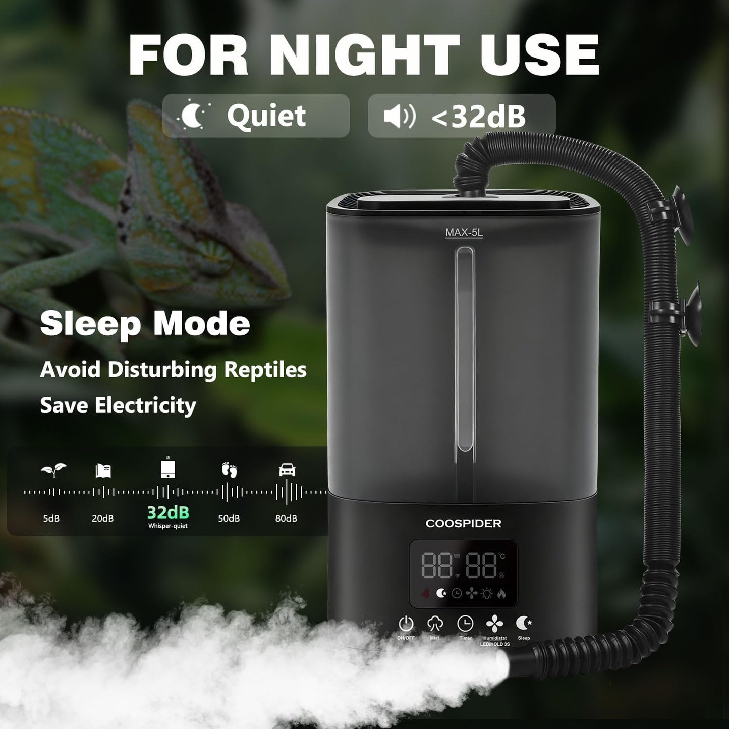 Coospider 5L Reptile Fogger Humidifier, Automatic Humidifiers for Reptiles Tank, Terrarium Humidifiers with Timer and Humidity Control, Reptile Misting System for Reptiles Amphibians Herps Vivarium