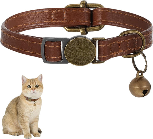 Cat Collars with Bell, 1PCS Kitten Collars with Bells Faux Leather Cat Collar for Small Cats Boy Girl (Brown)