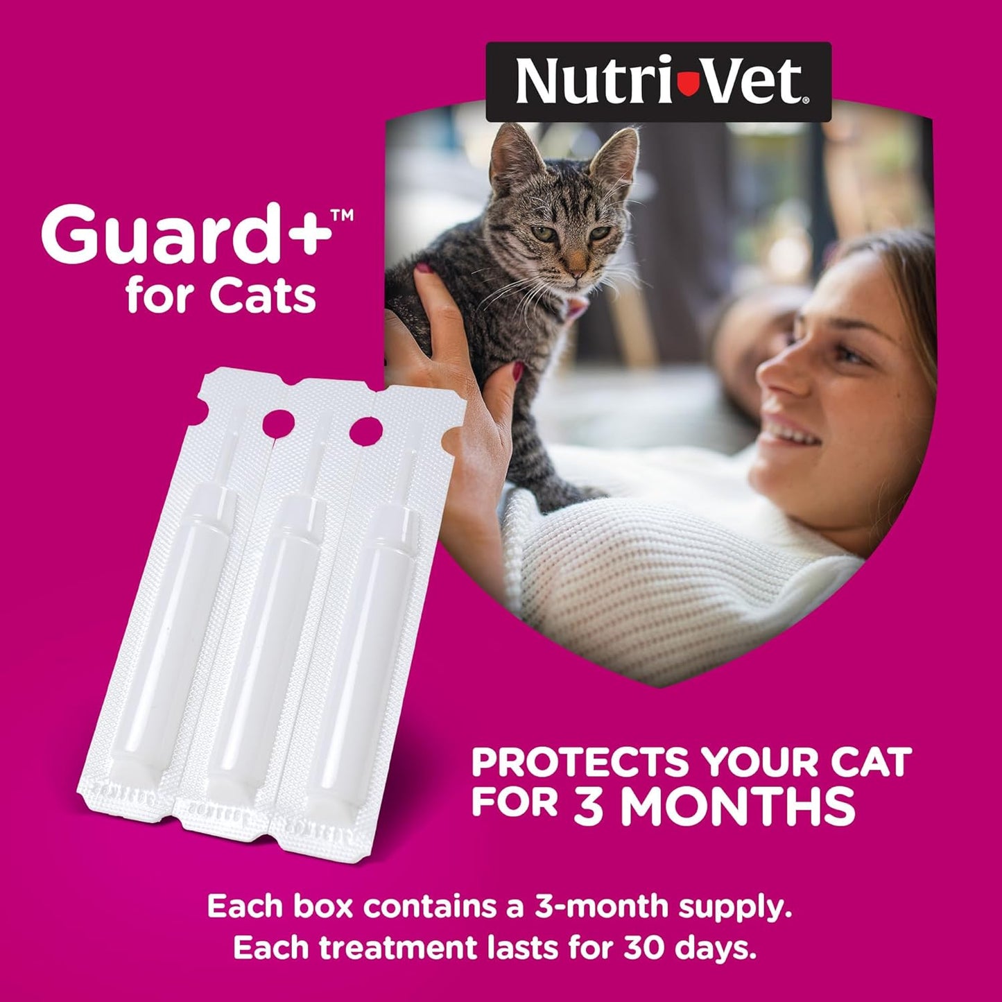 Nutri-Vet Guard+ for Cats, Flea and Tick Prevention Spot On Drops, Topical Treatment for Cats 1.5 lbs and Up, Waterproof Formula, 3 Monthly Doses, 90 Days of Protection