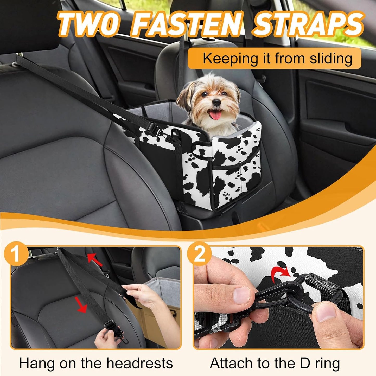 Portable Dog Car Seat for Small Dogs - Adjustable Safety Leash, Washable Cushion & Storage Pocket - Pet Booster Seat for Car Travel- Cow Pattern