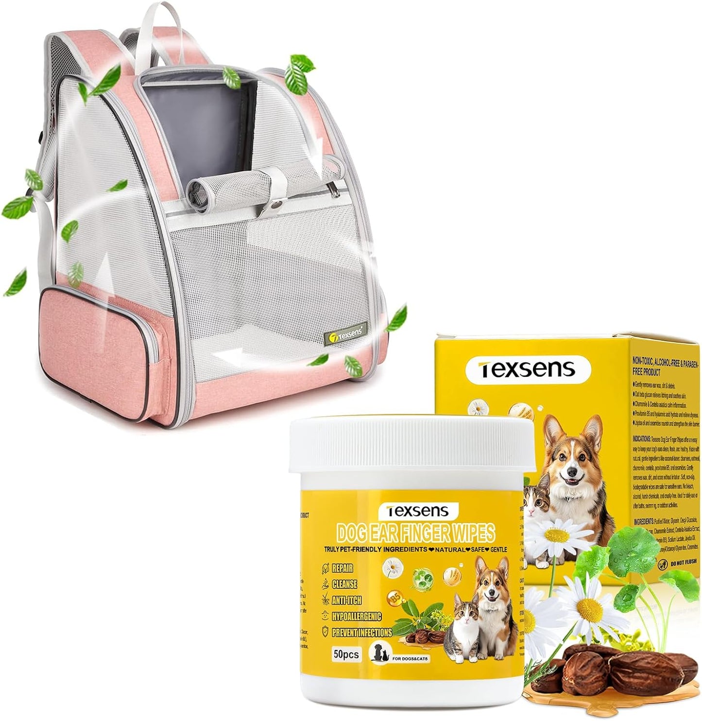 Texsens Pet Backpack(Pink) & Ear Care Wipes Combo‌