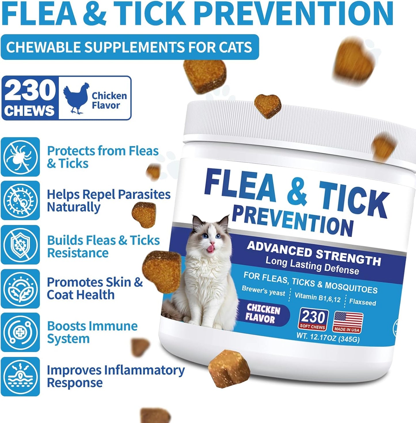Flea and Tick Prevention for Cats Chewables 230 Soft Treats - Flea and Tick Chews Supplement, Vet Recommended Supplement Chews, Skin & Coat Support for Cats, Kitten, All Breeds & Sizes