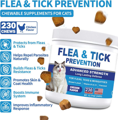 Flea and Tick Prevention for Cats Chewables 230 Soft Treats - Flea and Tick Chews Supplement, Vet Recommended Supplement Chews, Skin & Coat Support for Cats, Kitten, All Breeds & Sizes