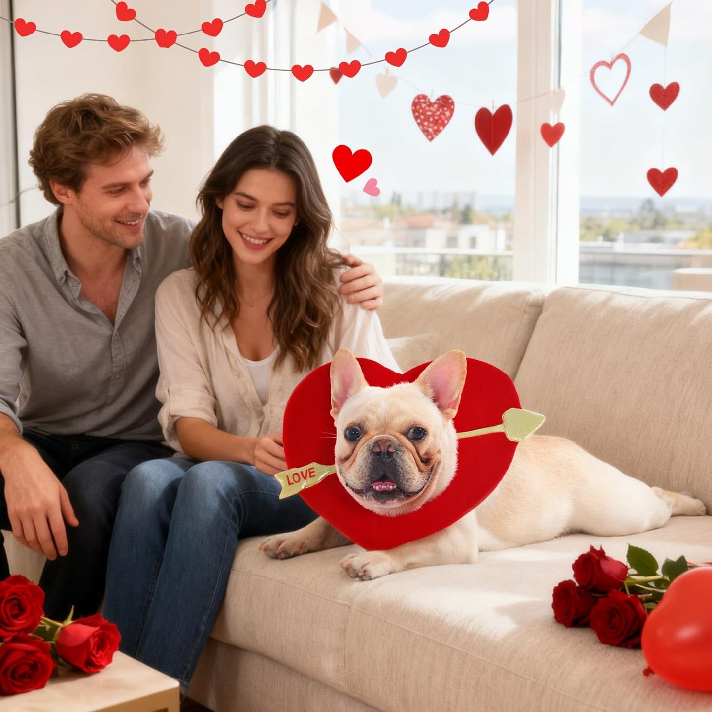 Valentines Dog Costume, Valentine’s Day Red Love Heart Dog Outfit Adjustable Pet Headpiece with Cupid Arrow, Cute Valentine Clothes Holiday Hat for Small Medium Large Dogs Cats Puppy