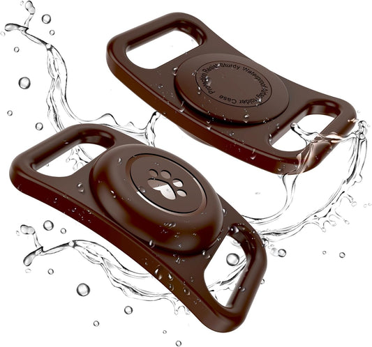 [2 Pack] Waterproof AirTag Dog Collar Holder Case, Silicone Full-Body Protection, Soft Lightweight Stretchable Design for Dog Collars (Chocolate)