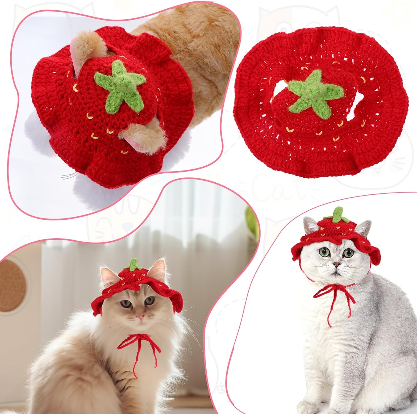 Strawberry Cat Hat, Cotton & Soft Cute Knitted Hats for Cats Birthday Party Christmas Puppy Hat for Small Pets (Red, M)
