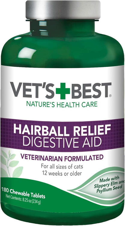 Vet’s Best Cat Hairball Relief Digestive Aid, Vet Formulated Hairball Support Remedy, Hairball Relief for Cats, Classic Chicken Flavor, 180 Chewable Tablets