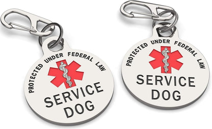 Service Dog Tag Double Sided with Federal Protection & Red Medical Alert Symbol | 1.25 Inch Durable Pet ID Tags | Easily Attach to Collar, Harness, Vest | Service Dog Identification Tag