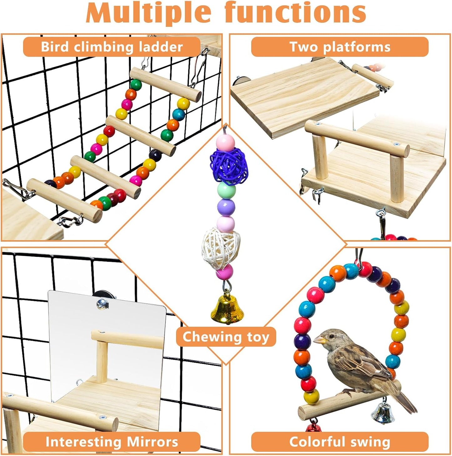 BNOSDM 6in1 Bird Perch Platform Swing Wooden Parakeet Toys with Mirror Playground Climbing Ladder Bird Cage Accessories for Parrot, Budgies, Conures, Finch, Cockatiels, Lovebirds