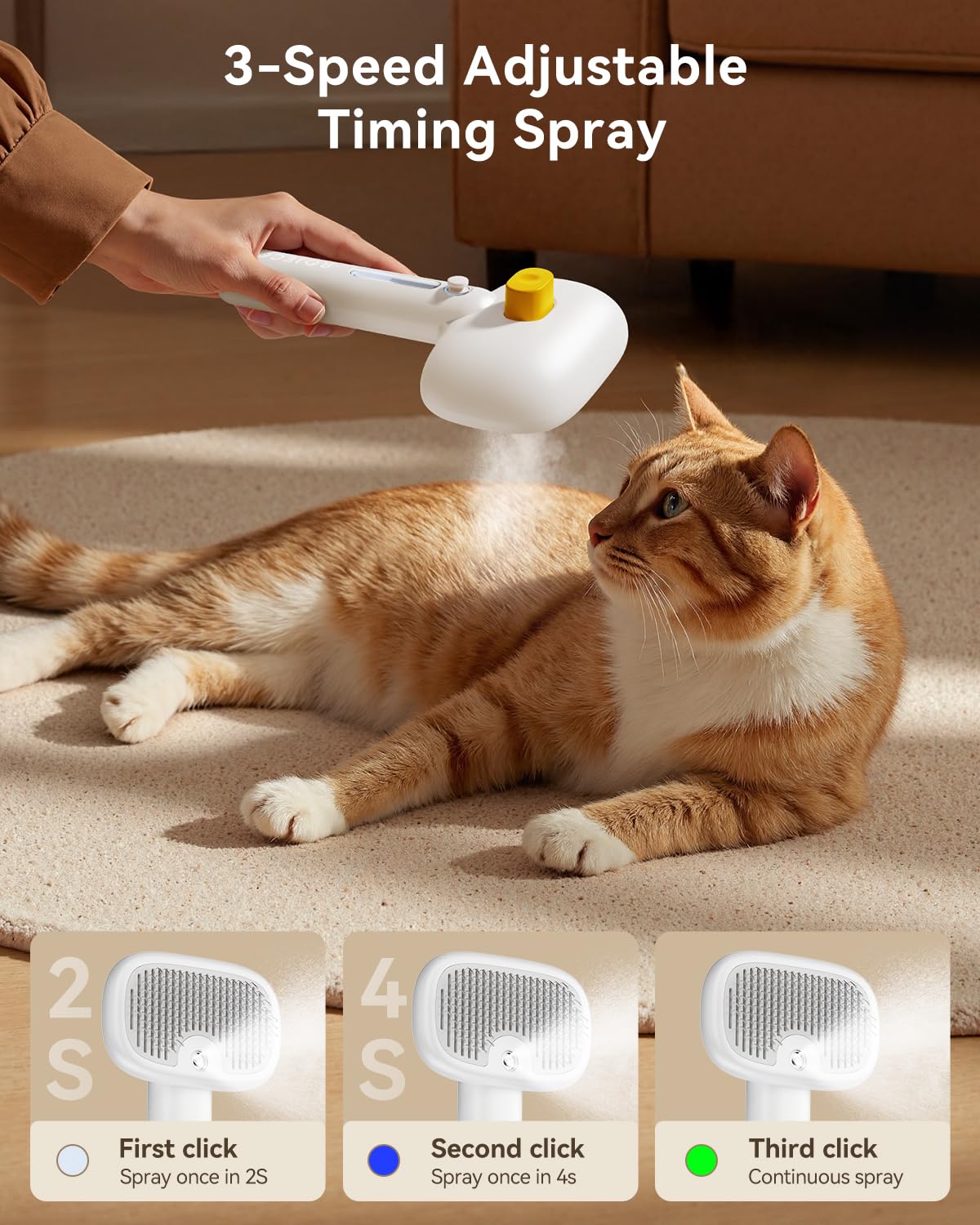 ROJECO 3-in-1 Pet Steam Brush for Cats&Dogs-Pet Spray Hair Removal Detangling Comb with Adjustable Mist,Handheld Deshedding Grooming Tool for Long/Short Hair,Massage Brush & Shedding Control,Cordless