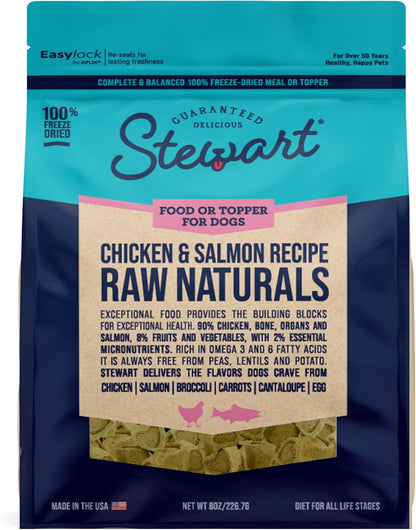 Stewart Raw Naturals Freeze Dried Raw Dog Food or Meal Topper, Chicken and Salmon Recipe, 8 Ounce Bag, Complete and Balanced Nutrition