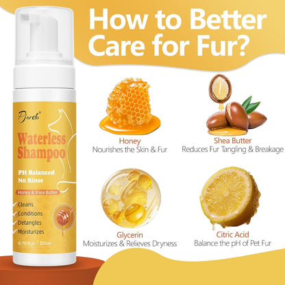 Waterless Shampoo for Cat & Dog with Honey & Shea Butter, No Rinse Dry Pet Shampoo Waterless for All Fur, Cleaning & Removes Odors, Conditioning & Anti-Tangle, Moisturizing Skin