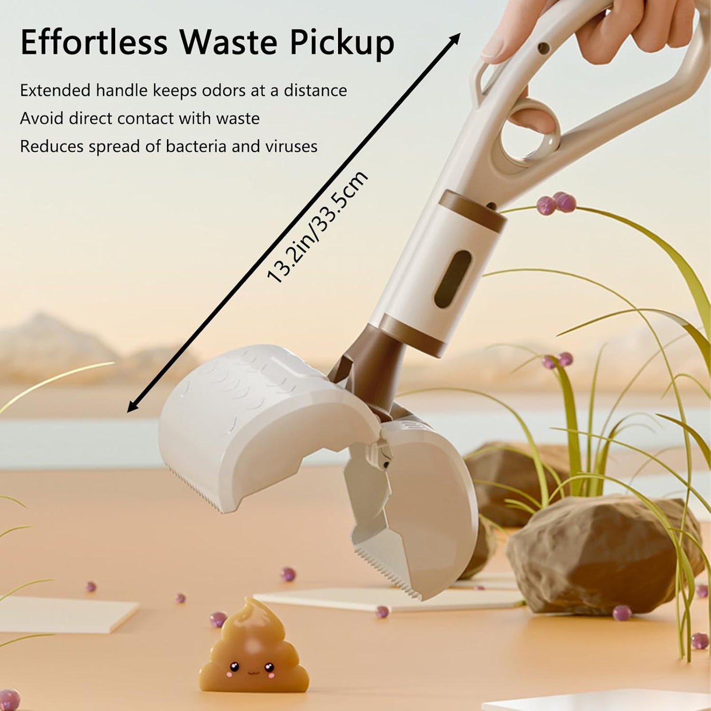 Pooper Scooper with Handle 14”, No Touch Waste Pickup Tool for Large Medium Small Dogs,Portable for Lawn Grass Dirt Gravel, Includes 1 Rolls Waste Bags (Yellow)